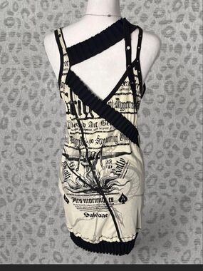 Salvage Vintage Asymmetrical Straps Graphic Dress with Ribbed Trim - L